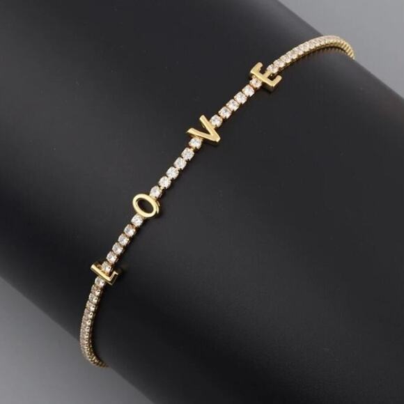 Gold Cubic Zircon Love Letter Bracelet Tennis Minimalist - Picture 2 of 2